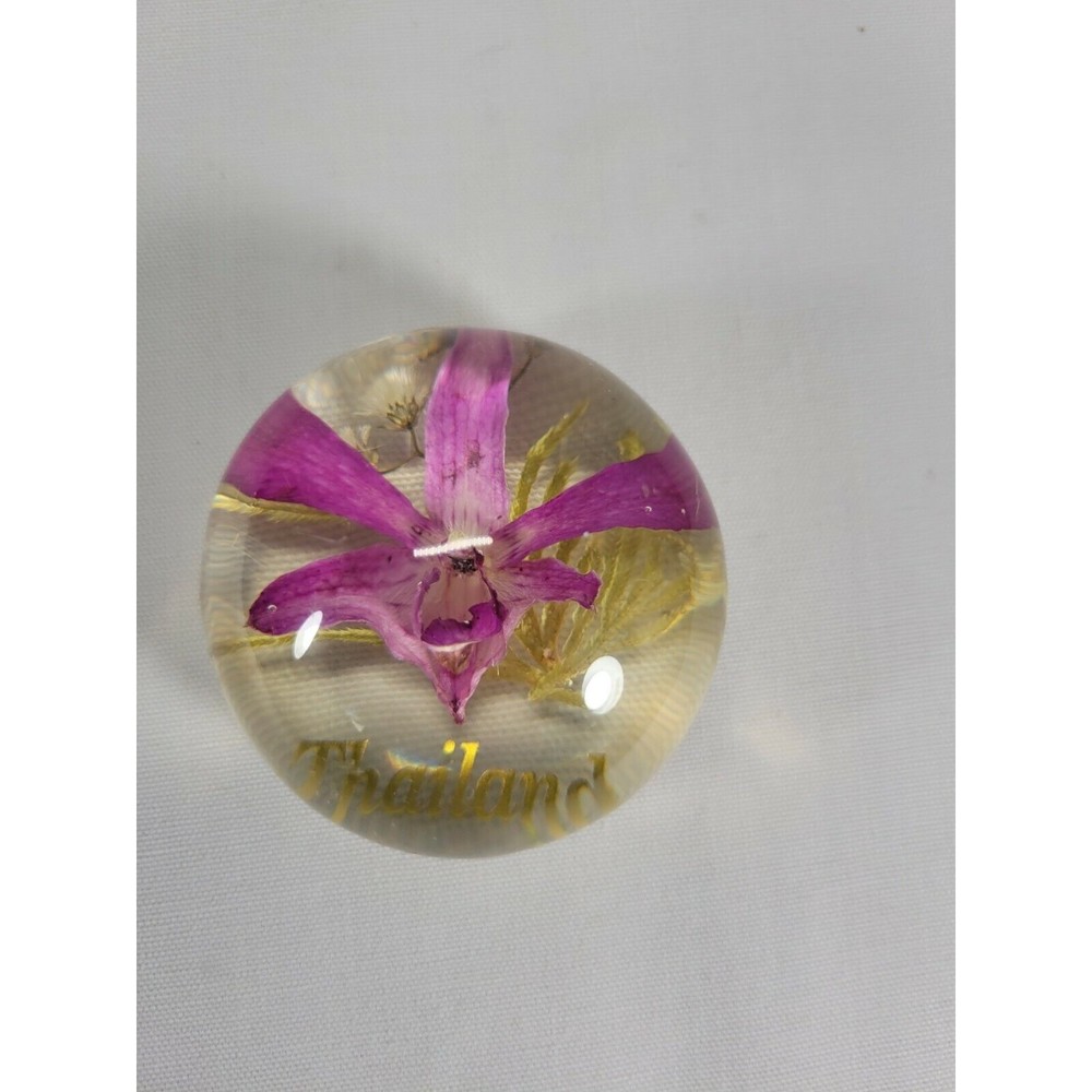 Thailand Paperweight, Purple Flower In Resin‎ Souvenir, 2.25" Wide